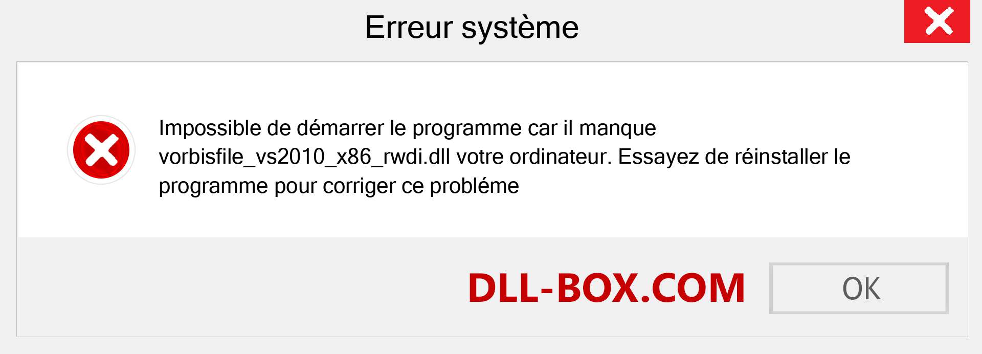 Le fichier vorbisfile_vs2010_x86_rwdi.dll est manquant ?. Télécharger pour Windows 7, 8, 10 - Correction de l'erreur manquante vorbisfile_vs2010_x86_rwdi dll sur Windows, photos, images